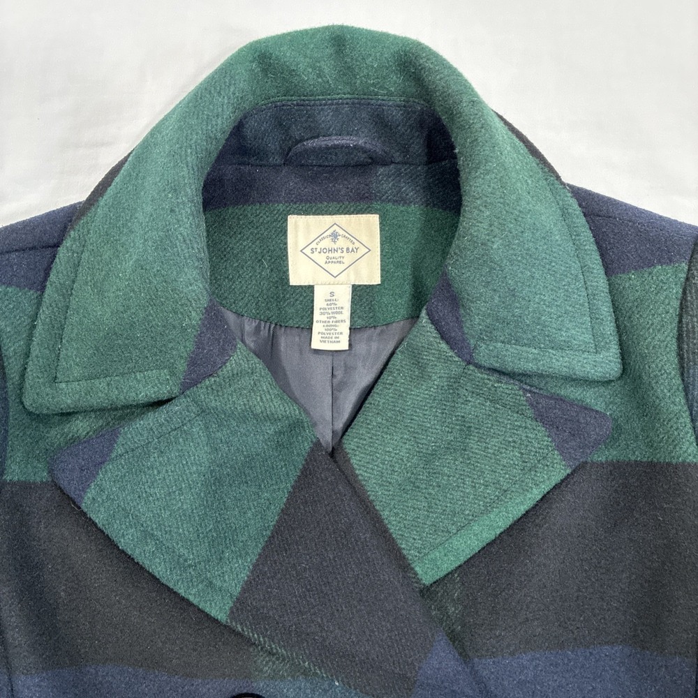 St. John's Bay Plaid Peacoat Wool Blend Jacket Size S Green Navy Double Breasted - Picture 4 of 8